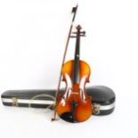 A modern violin and bow, in hardshell case
