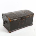 A Black Forest leather-covered dome-top box, with embossed decoration and armorial crest, W34cm