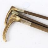 2 staghorn-handled riding crops, 1 with silver collar, and another crop