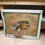 Clive Fredriksson, large painted wood panel, with car design "Get Your Woody Serviced Here", pine-