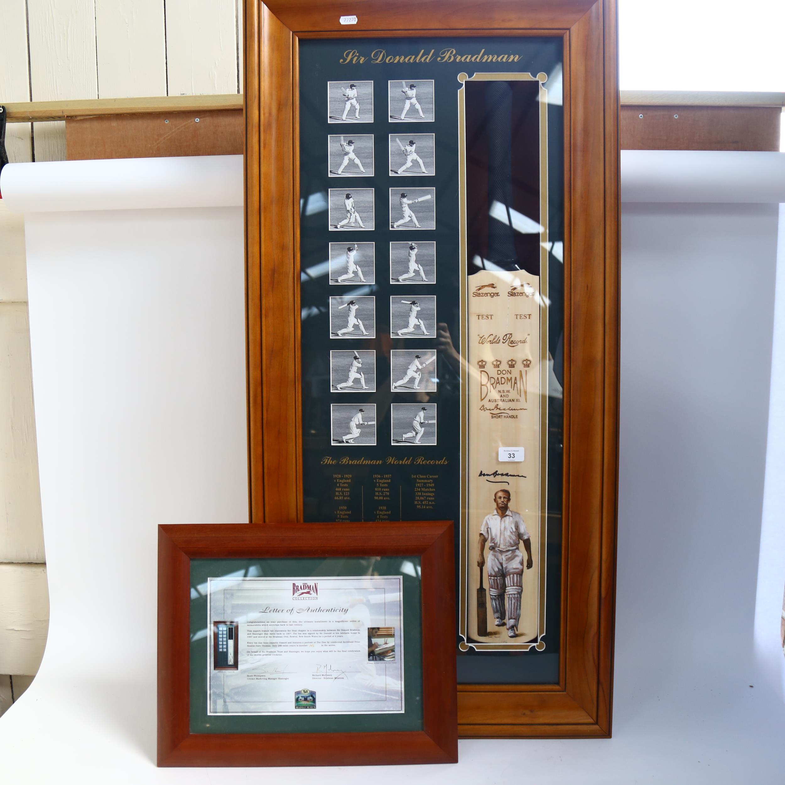 A limited edition Sir Donald Bradman cricket bat, signed with hand painted portrait by Dave