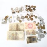 Various world coins and banknotes, including 2 American silver dollars, 1880 and 1901