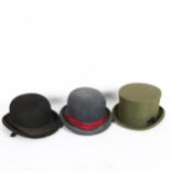 Small green top hat by Herbert Johnson, and 2 horse riding bowlers