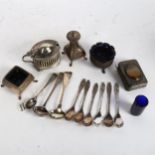 Various silver cruet items, mustard spoons, banded agate set box etc