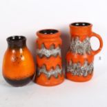 2 similar orange ground West German vases, tallest 25cm, and another