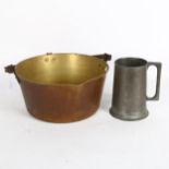 A brass jam pan with steel swing handle, and a Sheffield pewter mug