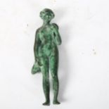 Roman style verdigris bronze figure of standing woman holding a wine ewer, height 17cm All in good