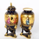 A pair of Vienna porcelain urn vases, blue ground with hand painted and gilded figural decoration,