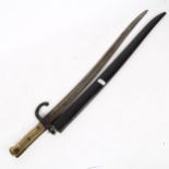 Antique bayonet and scabbard, with turned brass handle, 70cm