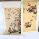 2 Japanese watercolour and silk scroll paintings, birds and flowers with text inscription, image