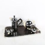 Chrome and ceramic heater saver 1950s tea set, to include tray