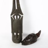 African Dogon Tribal carved wood mask, height 37cm, and another African carved wood horned mask,