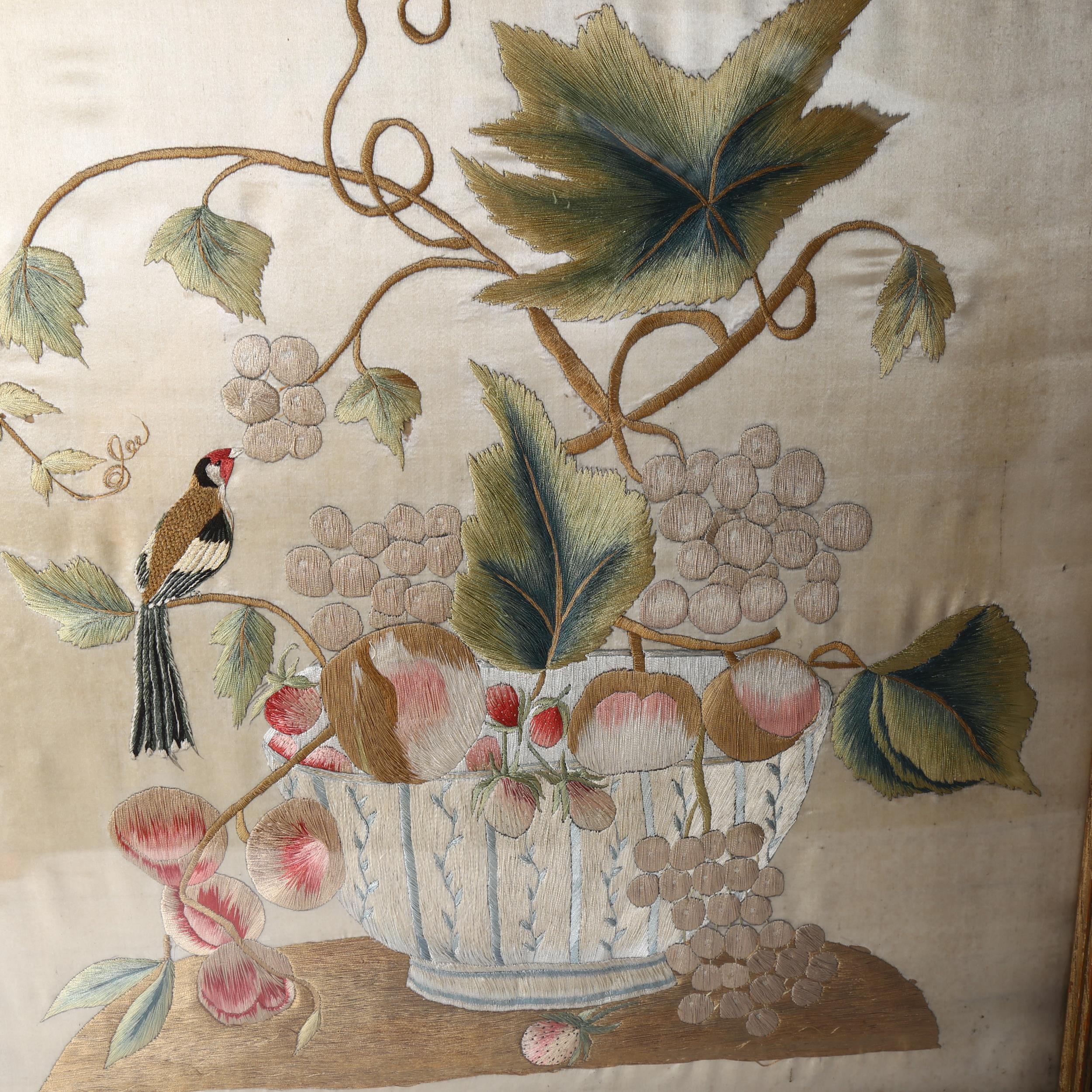 A pair of 19th century needlework embroidered silk panels, still life flowers, framed, overall - Image 2 of 2