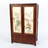 A Chinese Hongmu table-top cabinet, with hand painted alabaster panel doors, W28cm, H44cm, D15cm