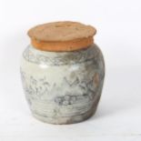 An Antique Chinese blue and white ginger jar, with village decoration, height 9cm