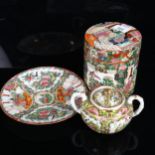 A Chinese famille rose cylindrical box and cover, height 15.5cm, a famille rose plate and 2-