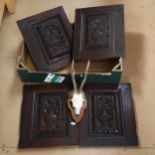 4 decorative oak carved panels, 37cm x 31cm, and a pair of antlers