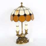 A brass desk lamp with twin sconces and leadlight shade, 44cm