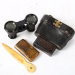 Ross of London opera glasses, cased, papier mache snuffbox, burr-walnut snuff box etc