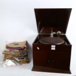 A large mahogany-cased wind-up gramophone, with various vinyl records (2 boxes)