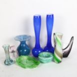 Scent bottle, a pair of blue glass vases, 30cm, and other Art glass items