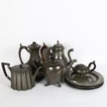 Pewter teapot, height 18cm, another with fluted decoration, 2 coffee pots, 5 pewter plates (4 with