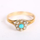 An unmarked yellow metal seed pearl and turquoise set ring