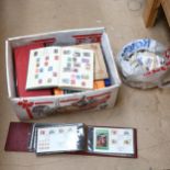 Various postage stamp albums, First Day Covers, and bags of loose stamps