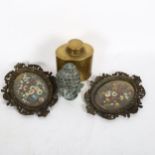 Antique engraved brass tea caddy, height 10cm, a pair of cast gilt-metal frames, and a verdigris