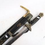 A Victorian ebonised and horn-handled walking stick, and a reproduction sword