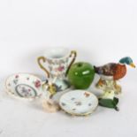 Various ceramic items, including Meissen plate, Spode dish, and 2 West German Goebel bird figurines