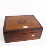 A walnut and mahogany storage box with drawer compartment at the bottom, W36cm, H14cm, D29cm