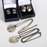 2 Danish silver pendant necklaces, and 2 pairs of silver earrings