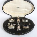 A cased 6-piece silver cruet set with Bristol blue liners, retailed by W Bruford & Sons Ltd