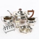 A silver plated 3-piece tea set, sugar tongs, toast rack etc
