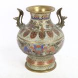 A Chinese bronze and enamel 2-handled vase, with relief moulded decoration, height 25cm Good