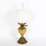 Antique brass oil lamp with chimney and shade, 50cm