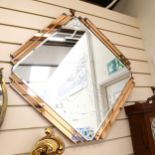 An Art Deco style peach and clear glass geometric mirror, etched design, width 72cm Good condition