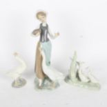 Lladro porcelain goose girl, 23cm, and 2 others