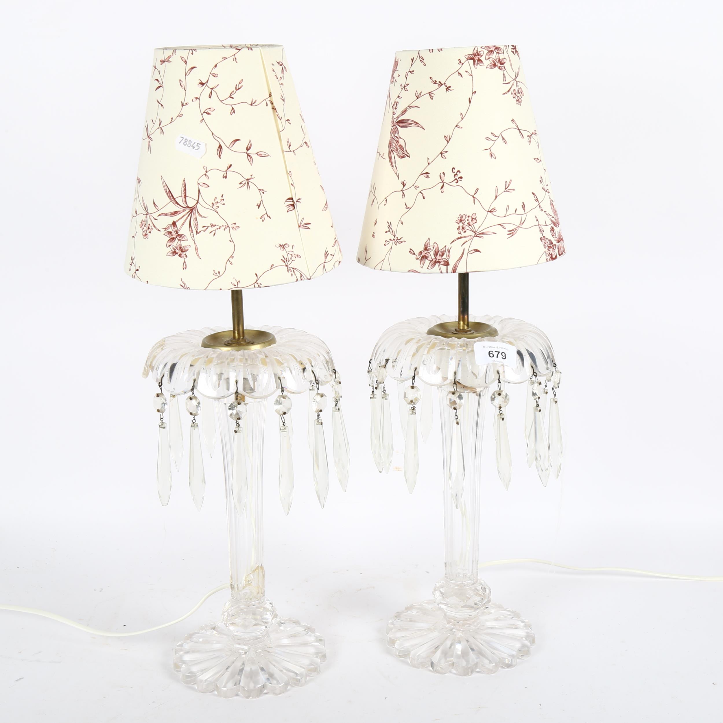 A pair of glass table lustre lamps and shades with drops, height 54cm overall