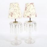 A pair of glass table lustre lamps and shades with drops, height 54cm overall