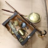 Various brass and copper items, including a brass clockwork spit, brass bed warmer, Turkish