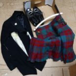 A Scottish tartan kilt, jacket, waistcoat and shoes Tartan kilt - no maker's marks or sizes. Several