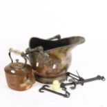 Antique copper coal bucket, and copper kettle with glass handle, and a scale
