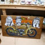 Clive Fredriksson, a large painted oak panel, depicting a Harley Davidson motorbike and 3 painted