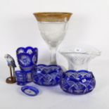 Blue overlay cut-glass vases, tallest 18cm, crystal vases, budgerigar etc