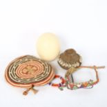 Various African Tribal items, including basketweave cowrie shell lid, beadwork collar necklace,