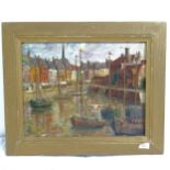 Oil on board, "quiet harbour", framed, 49cm x 59cm, indistinctly signed