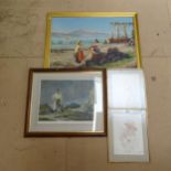 William Russell Flint print, an oil on board, Mediterranean figures on the shore, and 2 others (4)