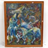 Oil on panel board, fantasy scene, framed, 82cm x 69cm, indistinctly signed